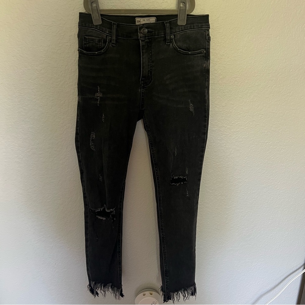 Free People Distressed High-Waisted Black Jeans